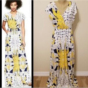 Gap Geometric Floral Maxi Dress Womens 10 White Navy Yellow Excellent V-Neck Cap
